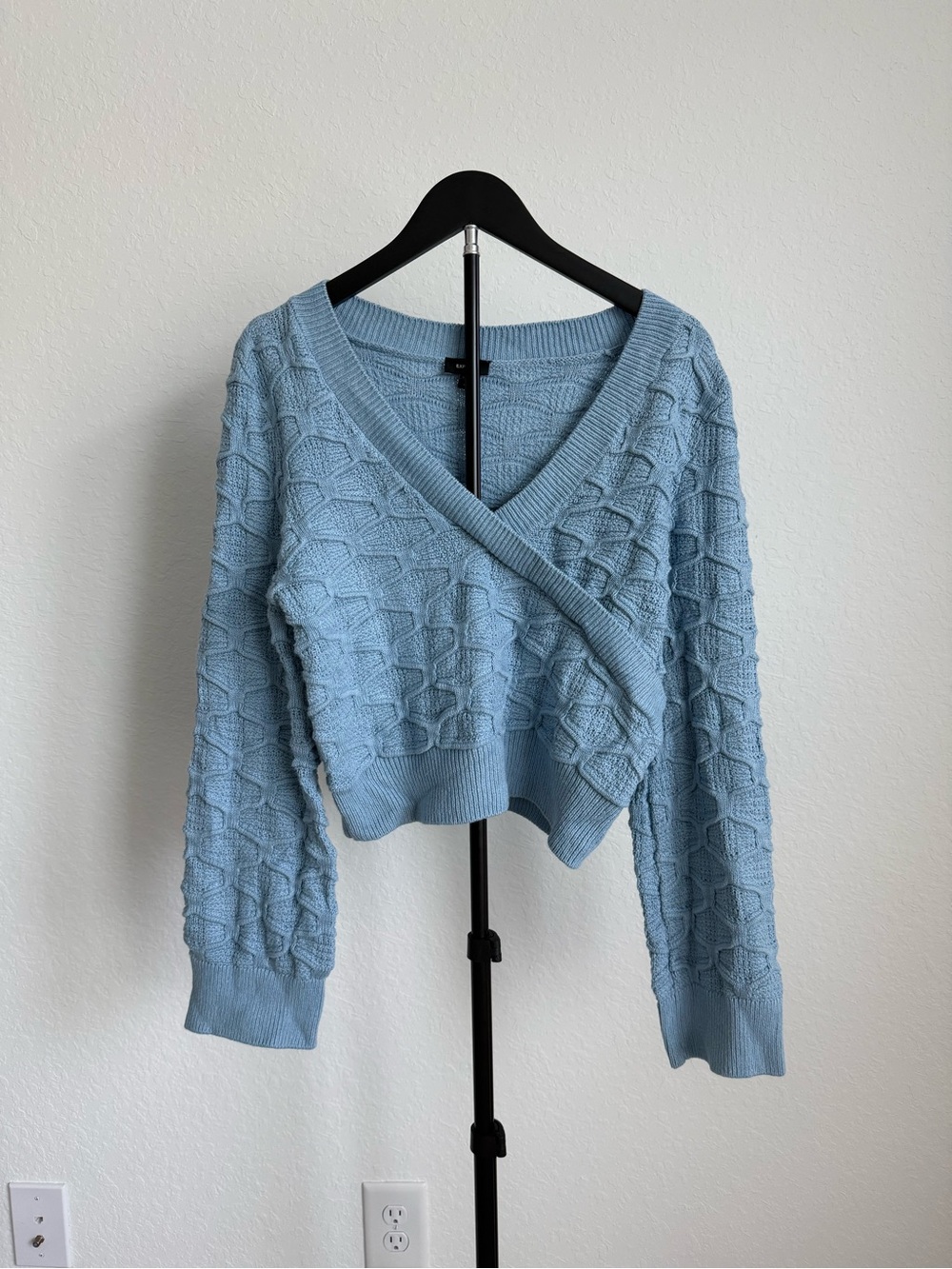 Express Light Blue Cable-Knit Wrap V-Neck Sweater